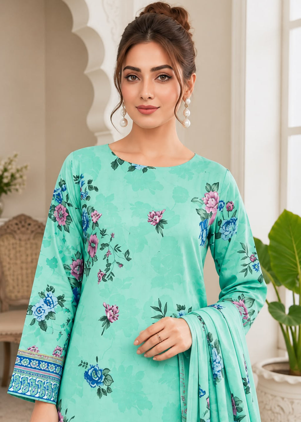 A woman modeling a mint green salwar kameez suit with a floral print, featuring blue and pink flowers, green leaves, and a matching dupatta with patterned cuffs.
