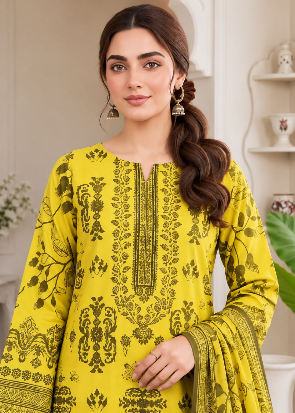A woman wearing a bright yellow traditional kurta with dark olive green floral embroidery and a matching dupatta, posed in an elegant indoor setting.