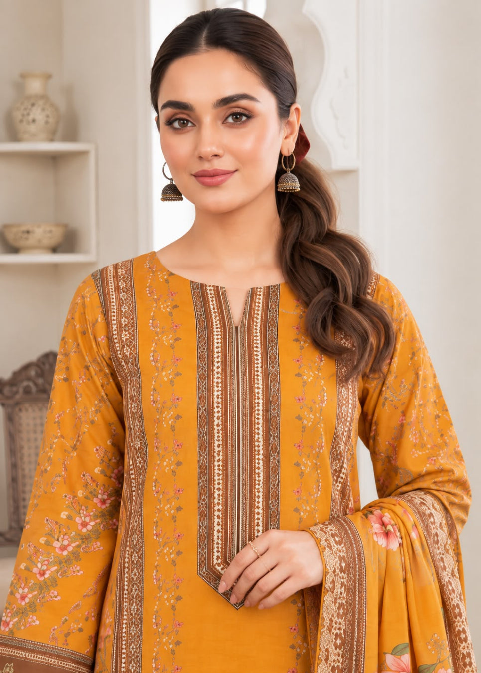 A woman modeling a mustard yellow ethnic kurta with brown and gold border details and a matching floral dupatta, set against a softly blurred indoor background.