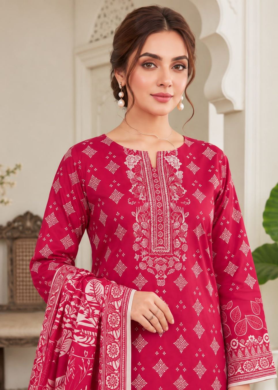 A woman wearing a bright pink traditional South Asian salwar kameez suit with white printed patterns, featuring a matching printed dupatta, set against an elegant indoor background with white arches.
