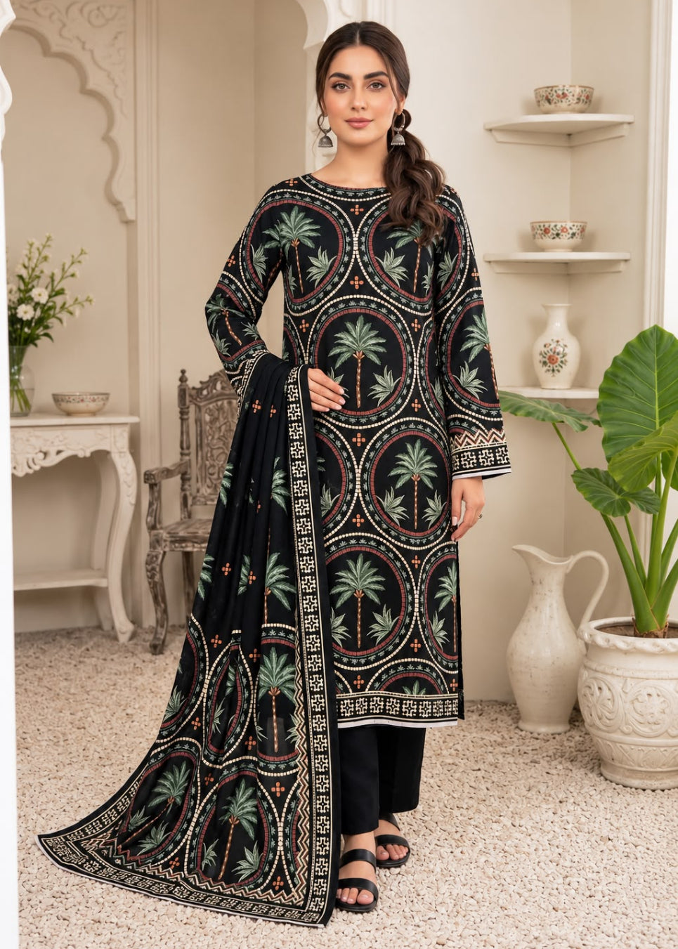 A woman models a black three-piece traditional outfit with intricate multicolor embroidery featuring palm tree motifs, set against an elegant, vintage-style indoor room with arched doorways and shelves.
