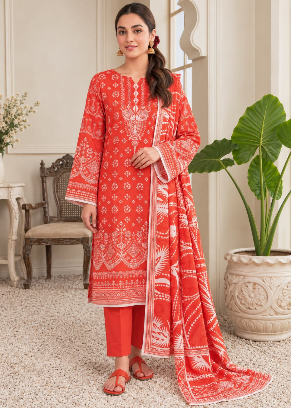 A woman models a three-piece red and white printed ethnic suit in a decorated indoor setting. The set includes a long kurta with intricate white patterns, matching red pants, and a coordinating dupatta draped over her shoulder.