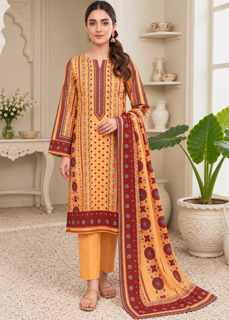 A woman models a traditional Indian salwar kameez suit set in a warm beige room. The set features a mustard yellow and orange printed kurta with deep red borders, matching yellow trousers, and a coordinating printed dupatta.