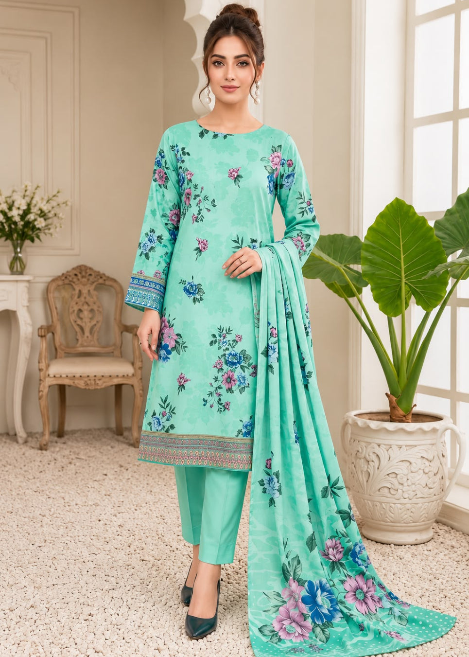 A woman models a mint green three-piece salwar kameez suit with floral embroidery, matching trousers, and a long dupatta, set against an elegant indoor background with a potted plant.
