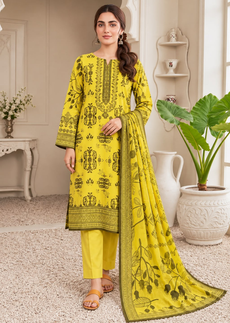 A woman models a three-piece yellow ethnic salwar kameez suit with black printed motifs and a matching dupatta in a decorated indoor setting.