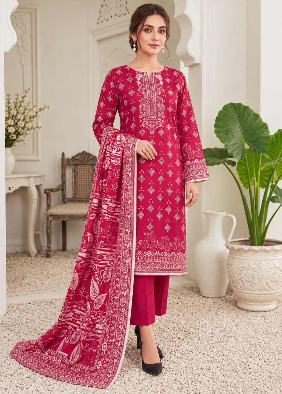 A woman models a traditional three-piece salwar kameez suit in a bright magenta pink with white printed patterns, consisting of a long-sleeve kurta, matching trousers, and a dupatta, set against an elegant indoor backdrop with white arches and potted plants.