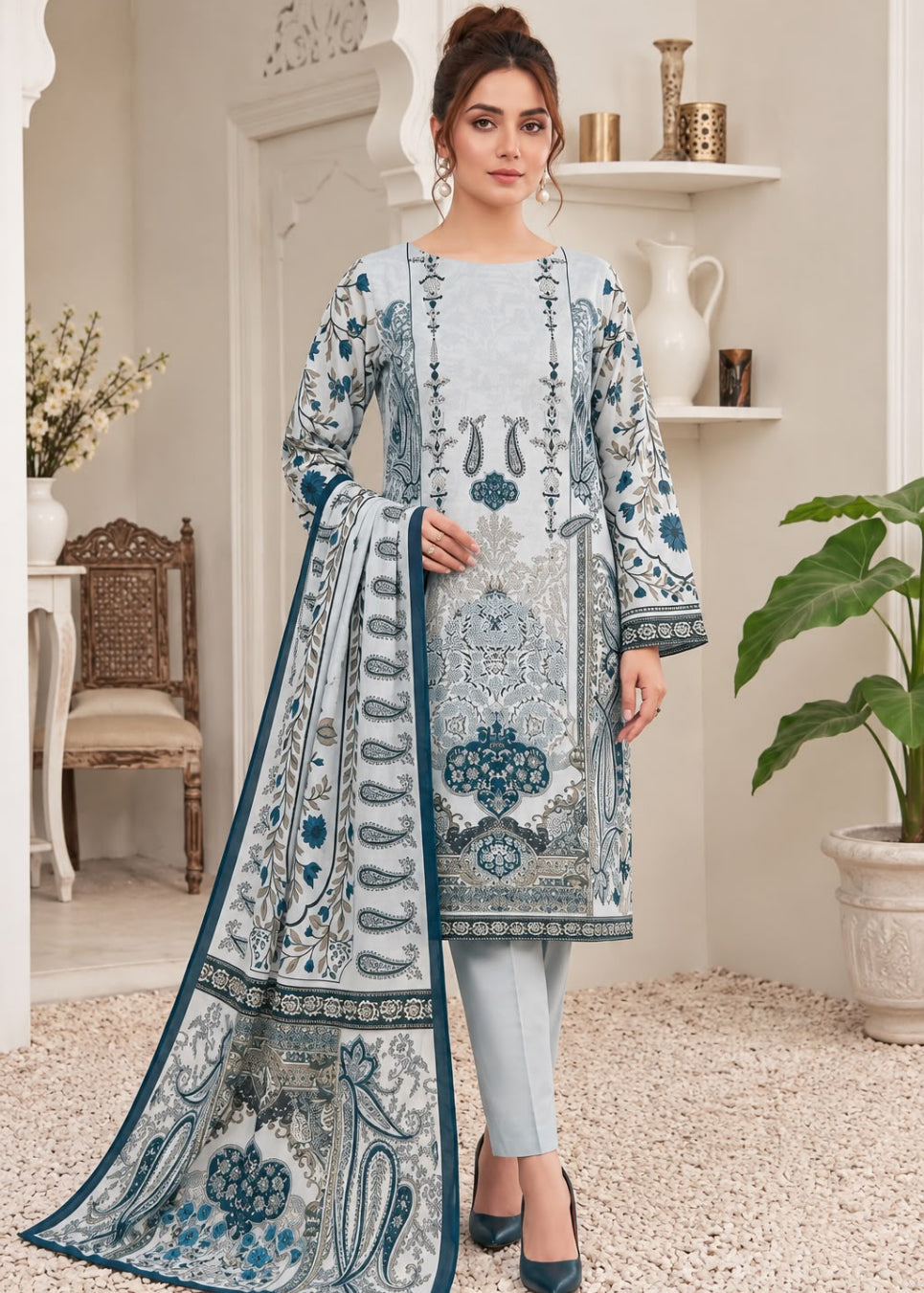 A woman models a traditional three-piece salwar kameez suit in a light blue and white colorway with intricate blue and gray embroidery. The set includes a long-sleeved kameez tunic, matching trousers, and a coordinating dupatta, displayed in a styled indoor room setting.