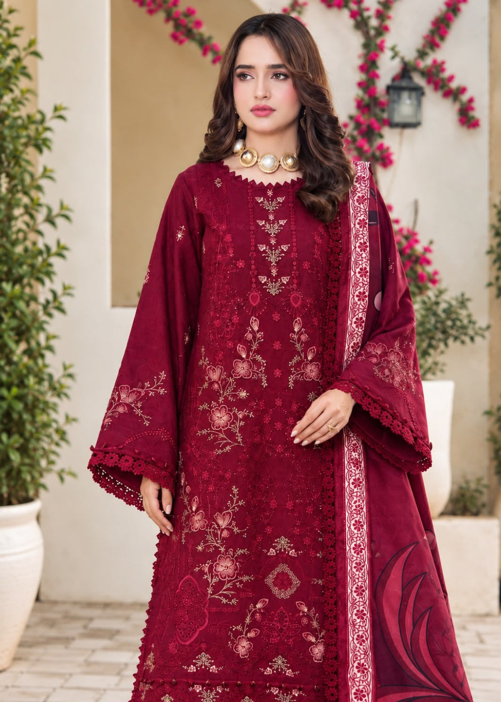A woman models a beige traditional embroidered outfit with brown floral and geometric embroidery, featuring a matching dupatta with a black and white patterned border, set against a softly blurred indoor background.