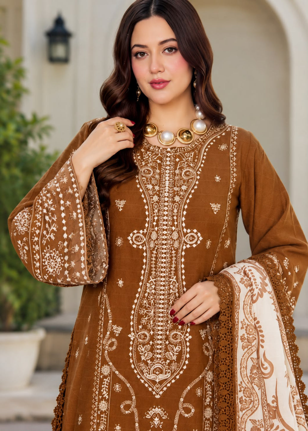A woman models a beige traditional embroidered outfit with brown floral and geometric embroidery, featuring a matching dupatta with a black and white patterned border, set against a softly blurred indoor background.