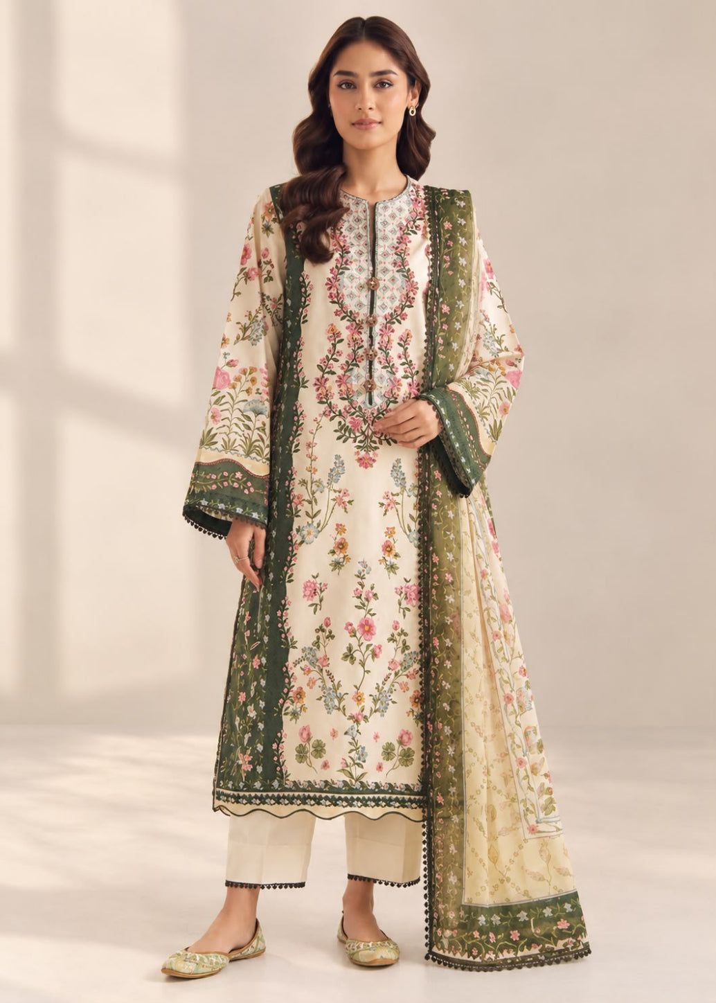 A woman models a traditional South Asian salwar kameez suit set. The set features an off-white/cream kurta and trousers with detailed green, pink, and orange floral embroidery, paired with a matching green border-trimmed dupatta.