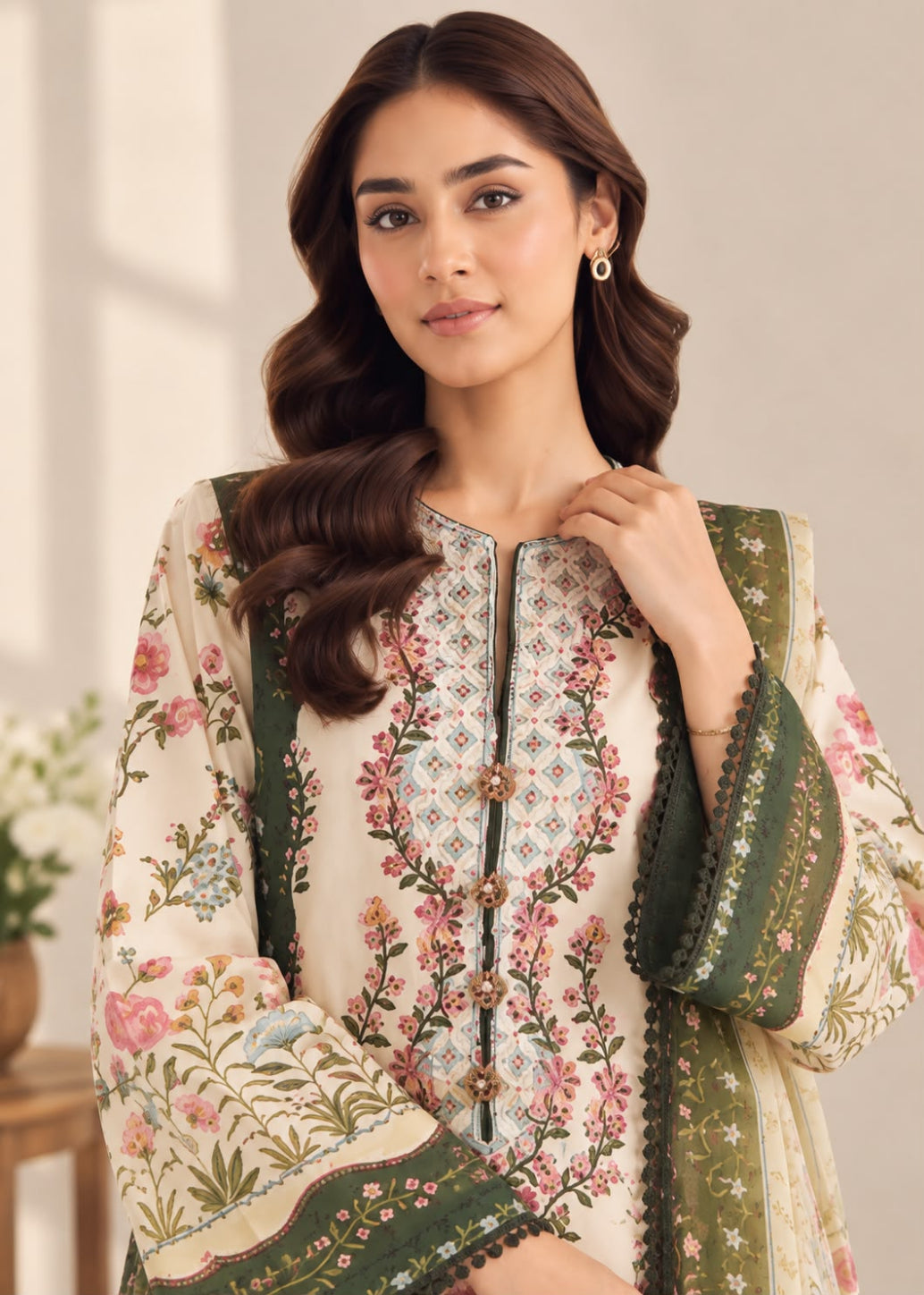 A woman wearing a cream-colored embroidered kurta with green border details and pink floral patterns, paired with a matching green dupatta, set against a soft beige background.