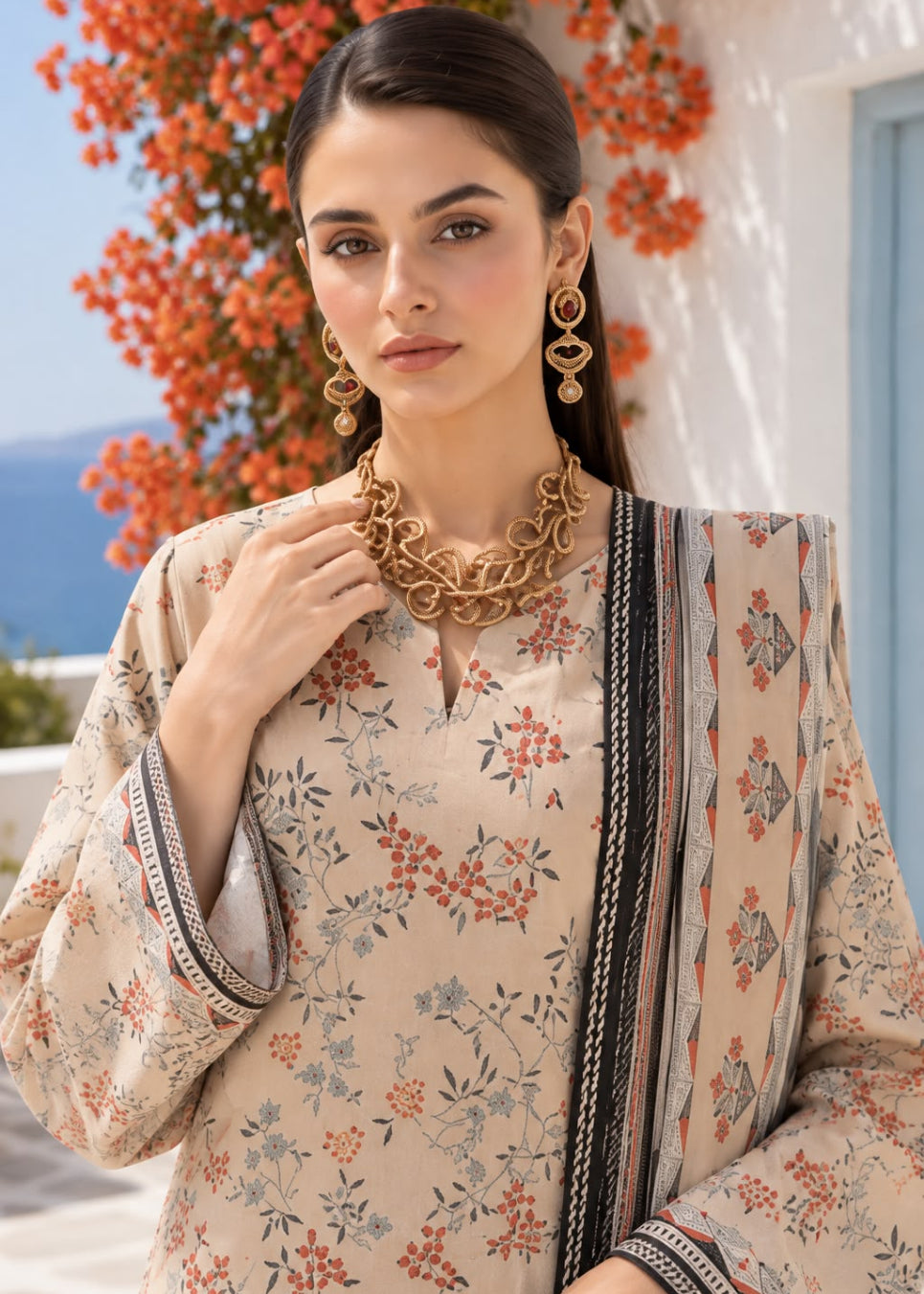 A woman models a beige floral printed kurta with a matching patterned dupatta and gold jewelry, set against a background of white walls, blue sky, and orange flowers.