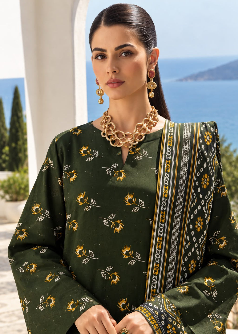 A woman models a dark green three-piece salwar kameez suit with yellow floral prints and a patterned dupatta, set against an outdoor background with a sea view and white columns.