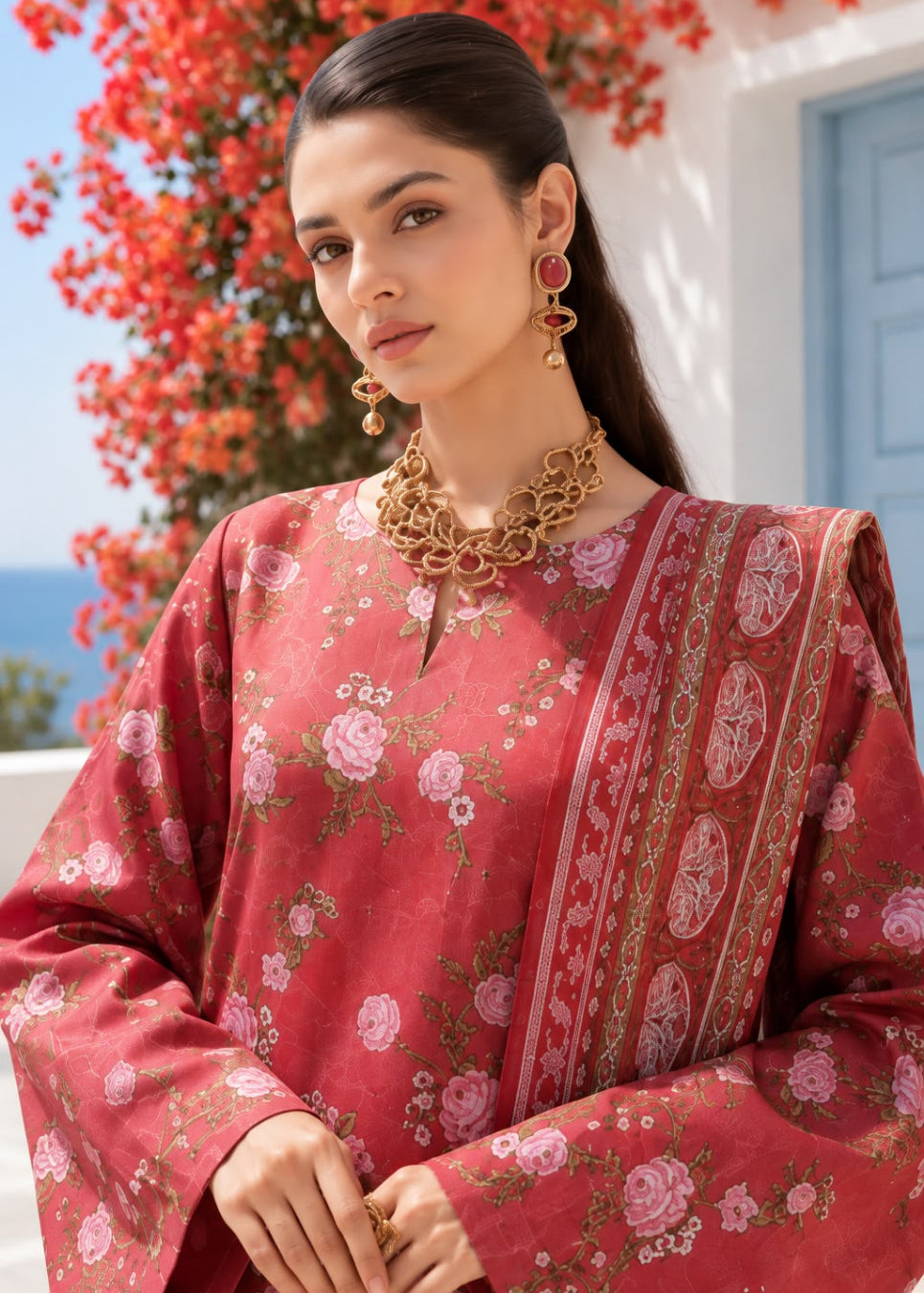 A woman wearing a dusty rose pink floral printed kurta with a matching dupatta, styled with gold jewelry, set against a background of red flowers and a white wall.
