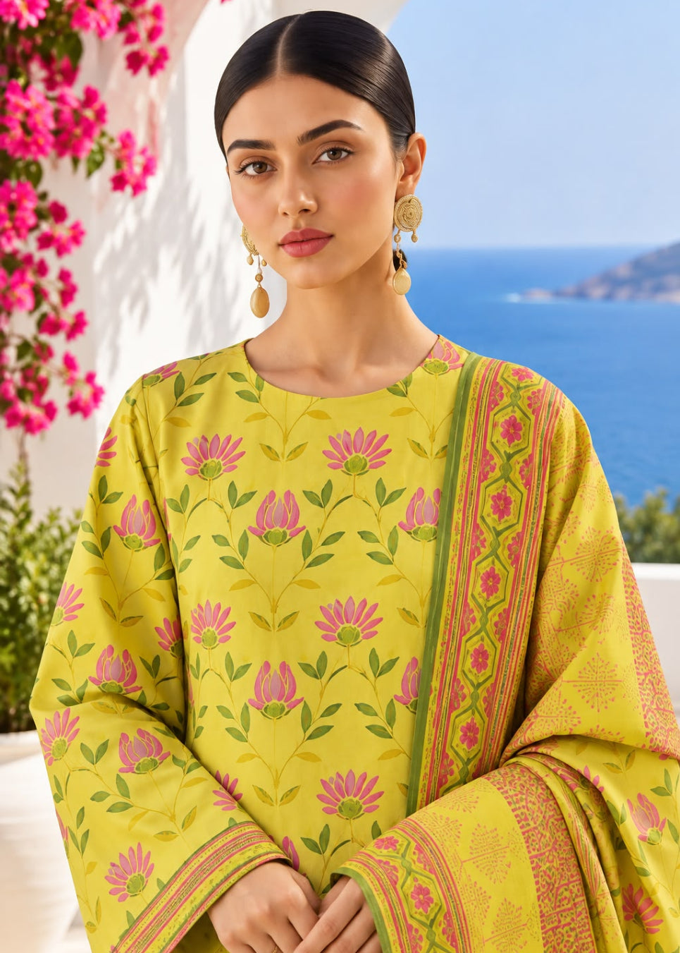 A woman modeling a yellow traditional outfit with pink lotus floral prints and green leaves, featuring a matching patterned dupatta, set against a sunny outdoor background with a blue sea and white wall.
