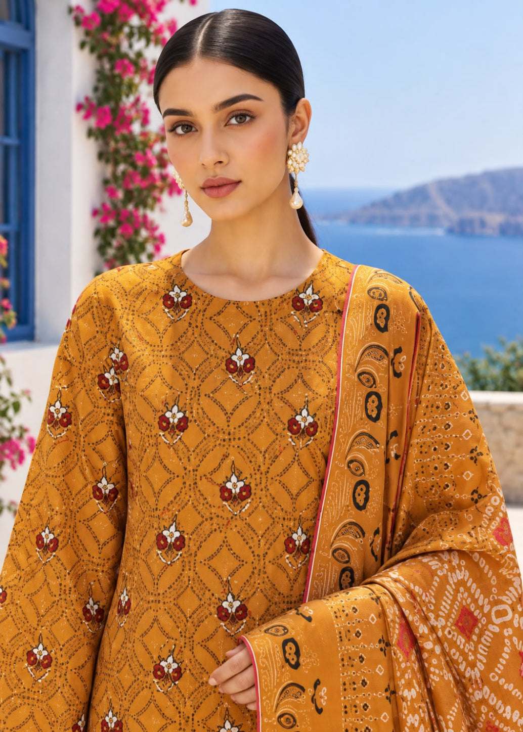 A woman modeling a mustard yellow embroidered traditional outfit with a matching patterned dupatta, set against a scenic background of blue sea, mountains, and white buildings with pink flowers.
