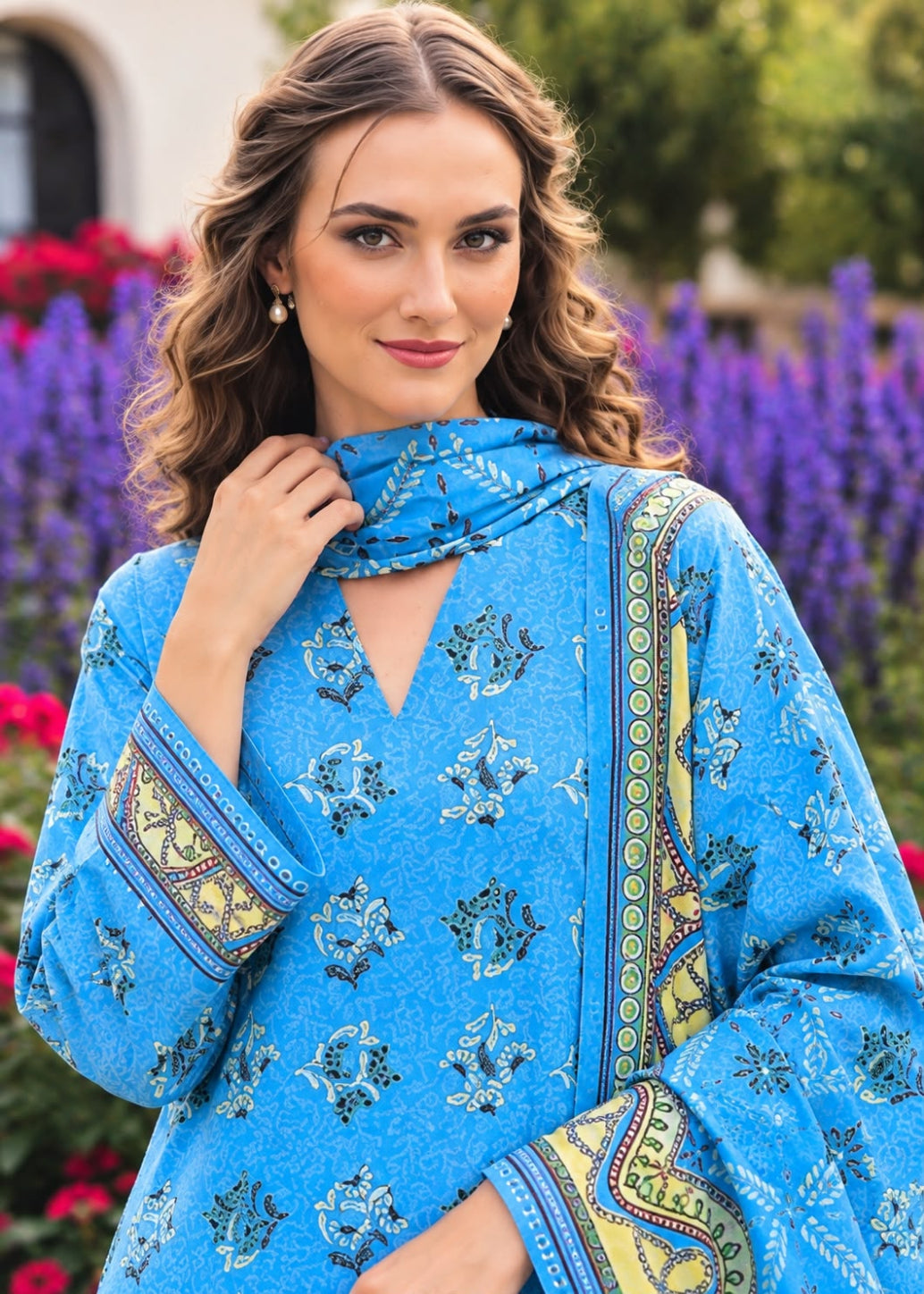 A woman wearing a bright blue printed kurta with matching dupatta and ornate gold, green, and red patterned borders, posed outdoors in front of purple flowers.