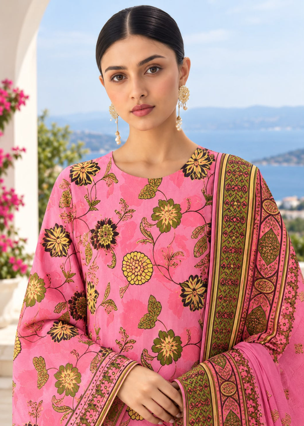 A woman wearing a pink traditional outfit with green and gold floral embroidery and a matching patterned dupatta, posed against an outdoor coastal background.