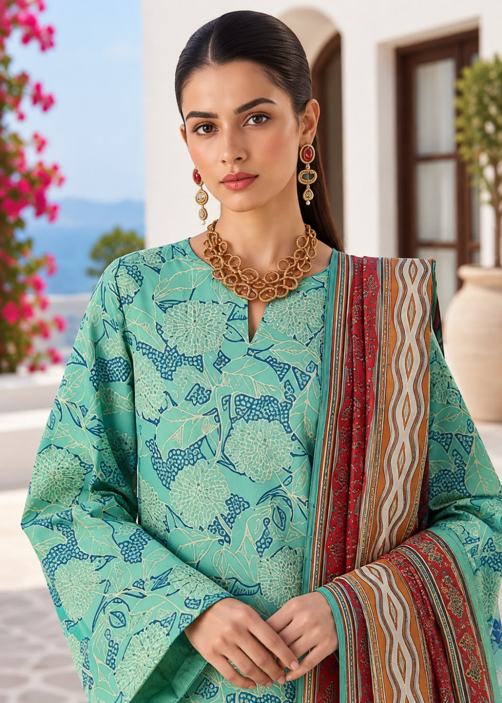 A woman modeling a mint green printed salwar kameez suit with a red and beige patterned dupatta, gold necklace, and earrings, set against a blurred outdoor background.
