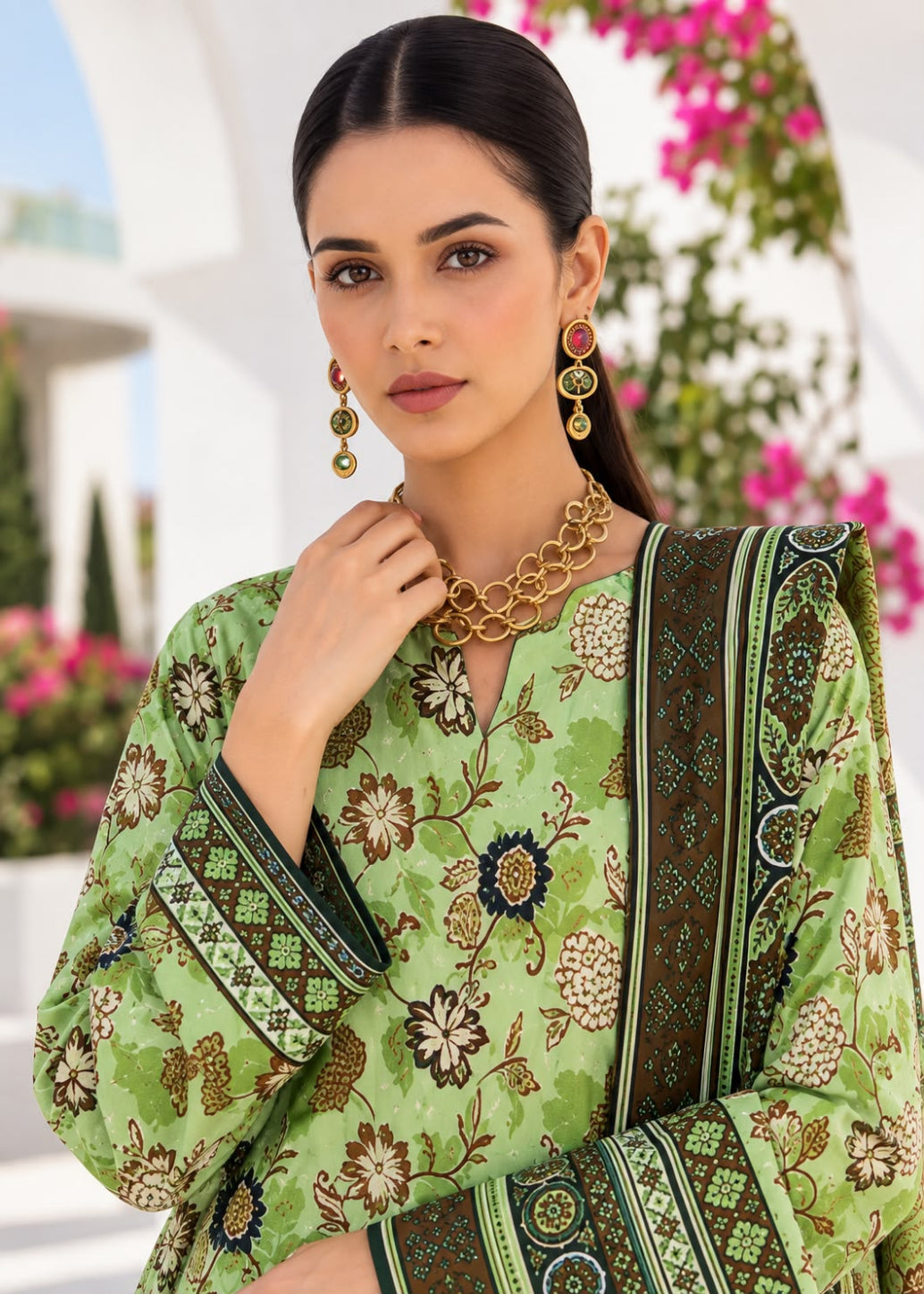 A woman wearing a light green printed kurta with brown and beige floral motifs and a matching patterned dupatta, styled with gold jewelry in an outdoor setting with white arches and pink flowers.