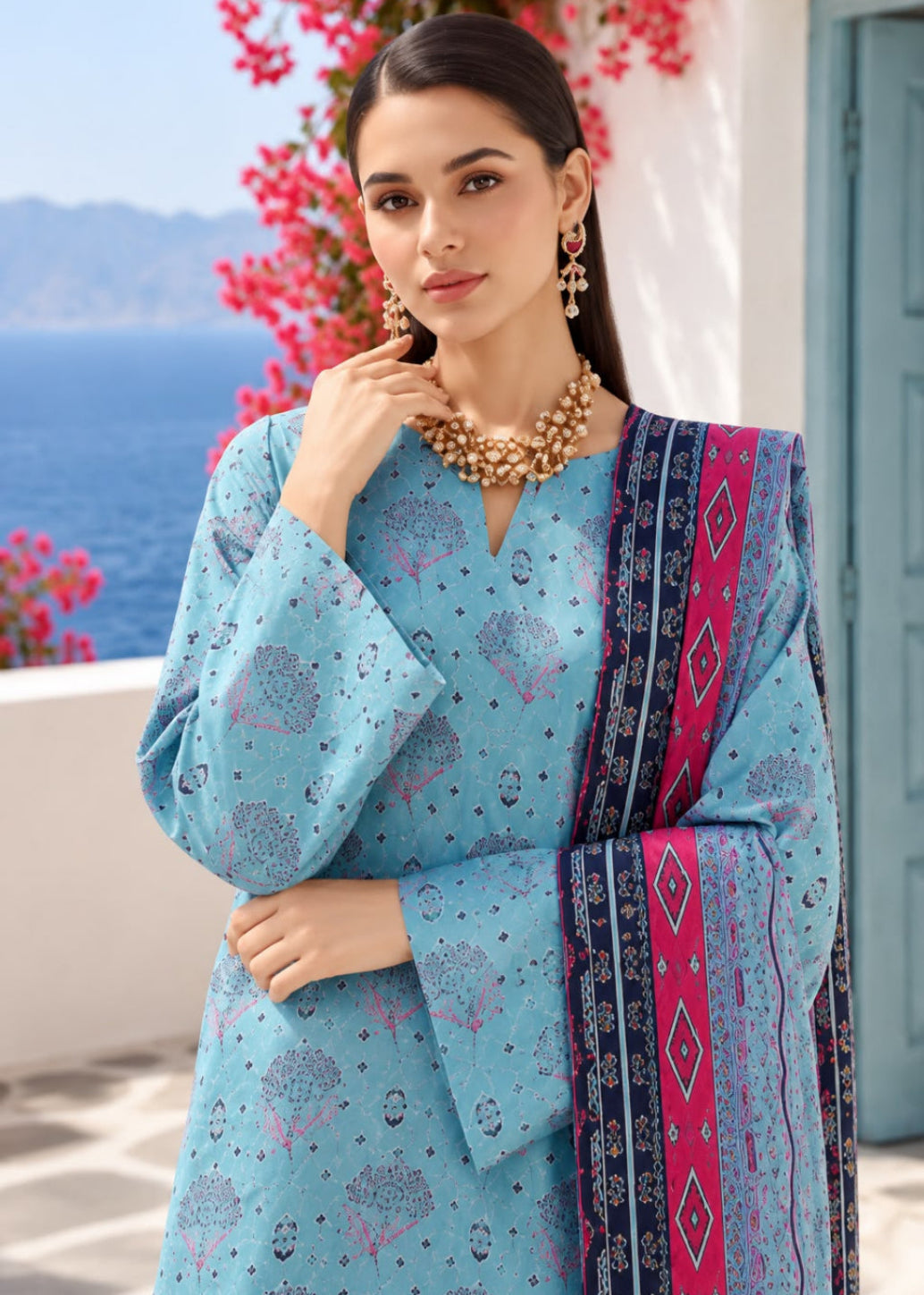 A woman models a light blue three-piece salwar kameez suit with pink and navy blue floral prints, paired with a matching dupatta featuring a pink and navy geometric border. She is posed outdoors against a background of a blue sea, mountains, and white walls with pink flowers.