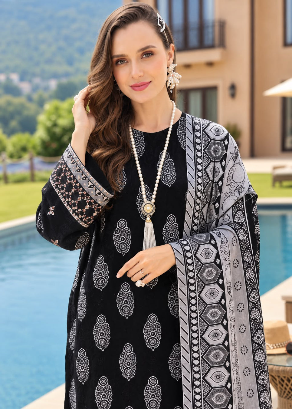 A woman stands outdoors by a swimming pool wearing a black embroidered kurta with white geometric and floral motifs, a matching patterned dupatta, and a long pearl necklace. A modern house and green hills are visible in the background.