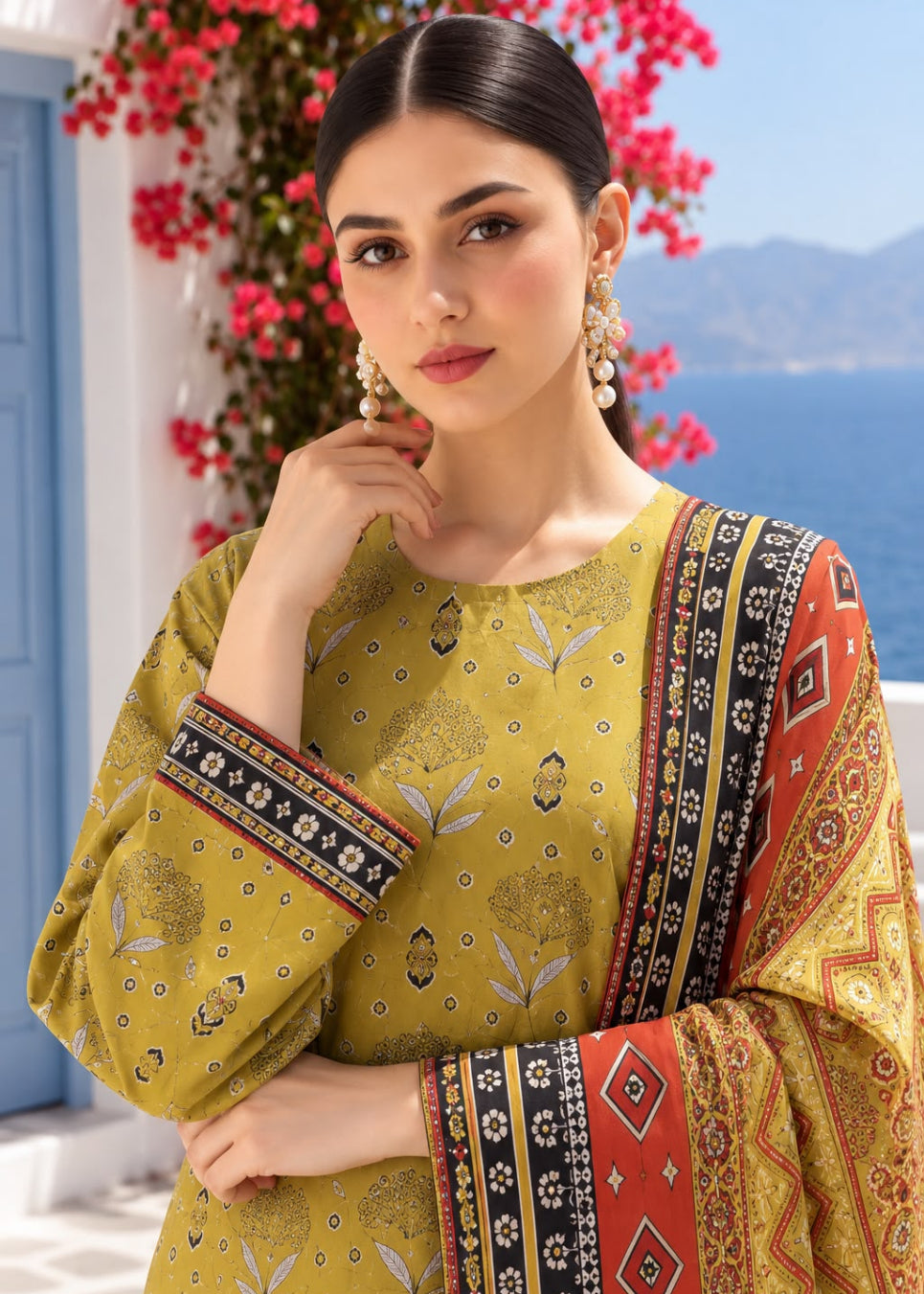 A woman models a mustard yellow printed ethnic suit with a red and black patterned dupatta, set against a scenic background of blue sea, mountains, and pink bougainvillea flowers.