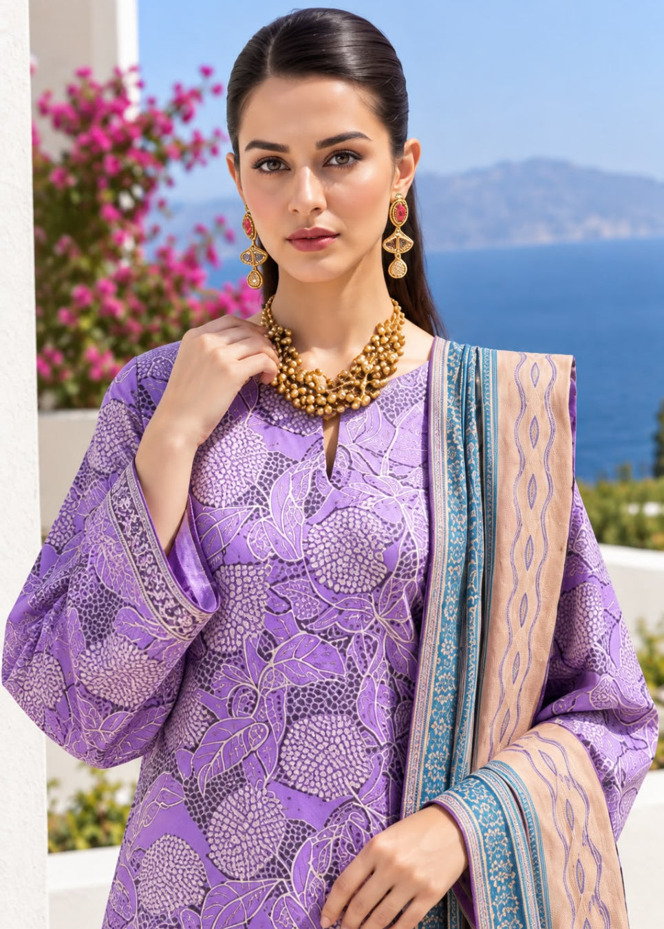 A woman models a purple embroidered kurta with a matching patterned dupatta, styled with gold jewelry, set against a scenic background of a blue sea and mountains.