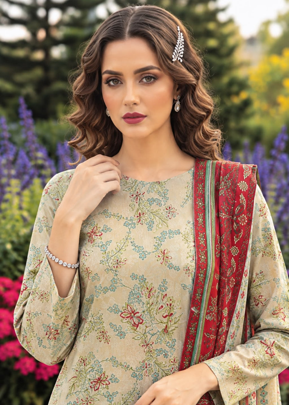 A woman wearing a beige printed salwar kameez suit with a red and green border dupatta, posed outdoors in front of a blurred garden background.