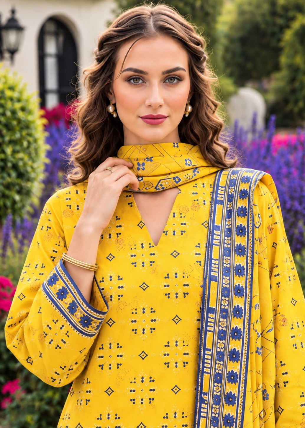 A woman wearing a bright yellow traditional outfit with blue geometric patterns and a matching dupatta, posed outdoors in front of a garden with purple flowers.