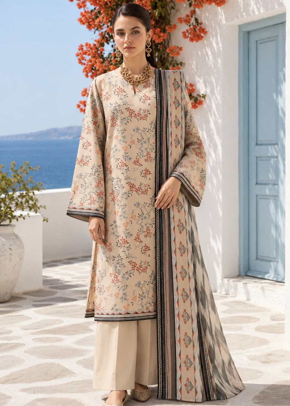 A woman models a traditional Greek-style outfit featuring a beige kurta with a red and blue floral pattern, matching beige wide-leg trousers, and a coordinating dupatta draped over her shoulder, set against a white-walled background with a blue door and sea view.