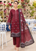 A woman models a three-piece traditional South Asian salwar kameez set in maroon. The set includes a long-sleeved embroidered kameez top, matching trousers, and a sheer dupatta with floral prints and borders.