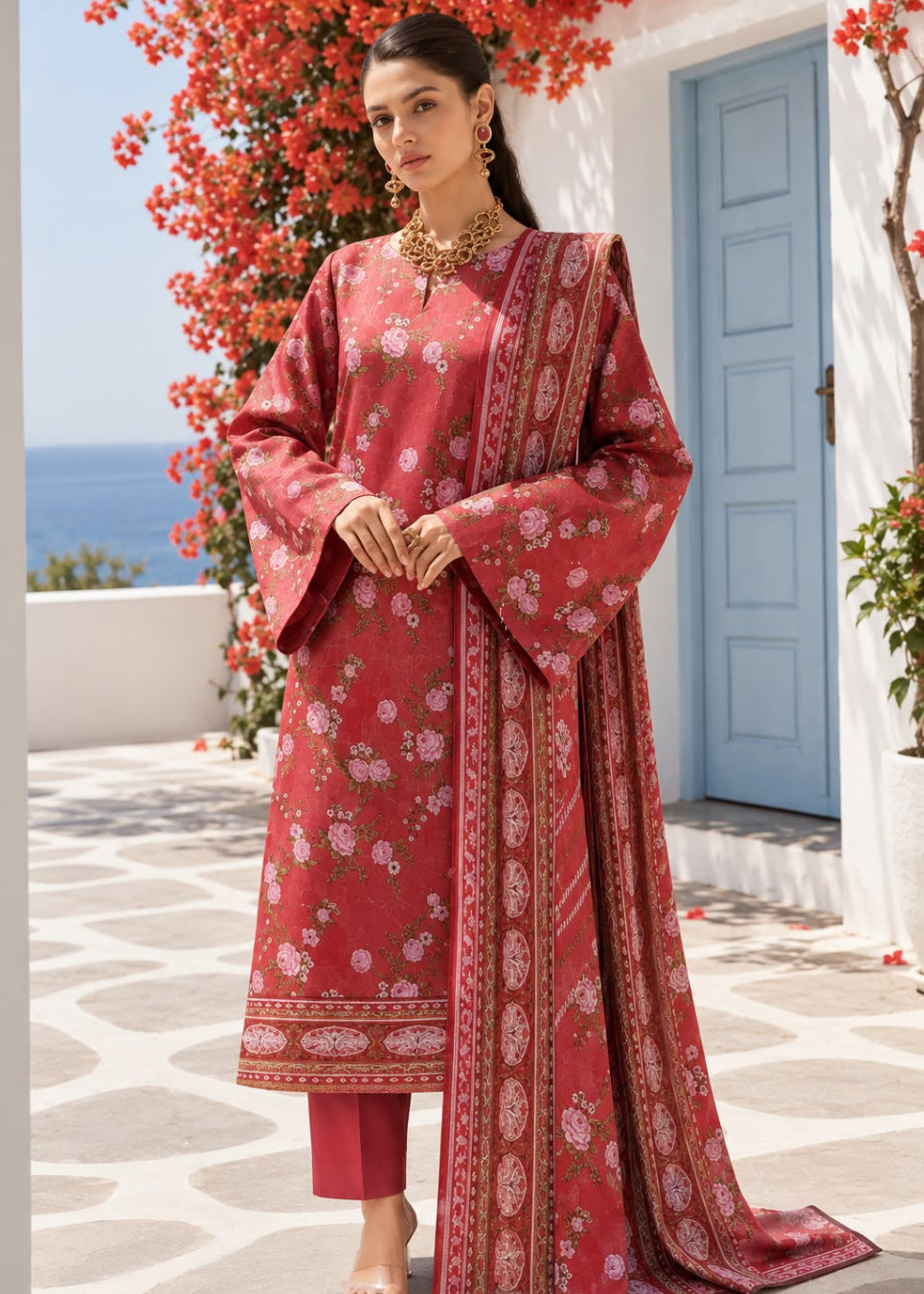 A woman models a traditional Indian salwar kameez suit in a bright outdoor setting. The outfit consists of a dusty rose pink kurta with white floral prints and a matching printed dupatta, paired with matching trousers.