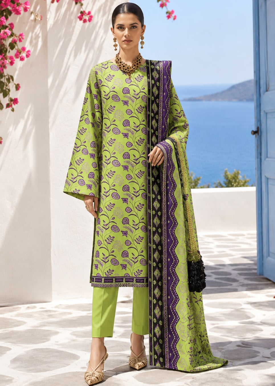 A woman models a three-piece lime green salwar kameez suit with purple and black floral patterns, matching trousers, and a patterned dupatta, set against a Mediterranean background with the sea and blue sky.