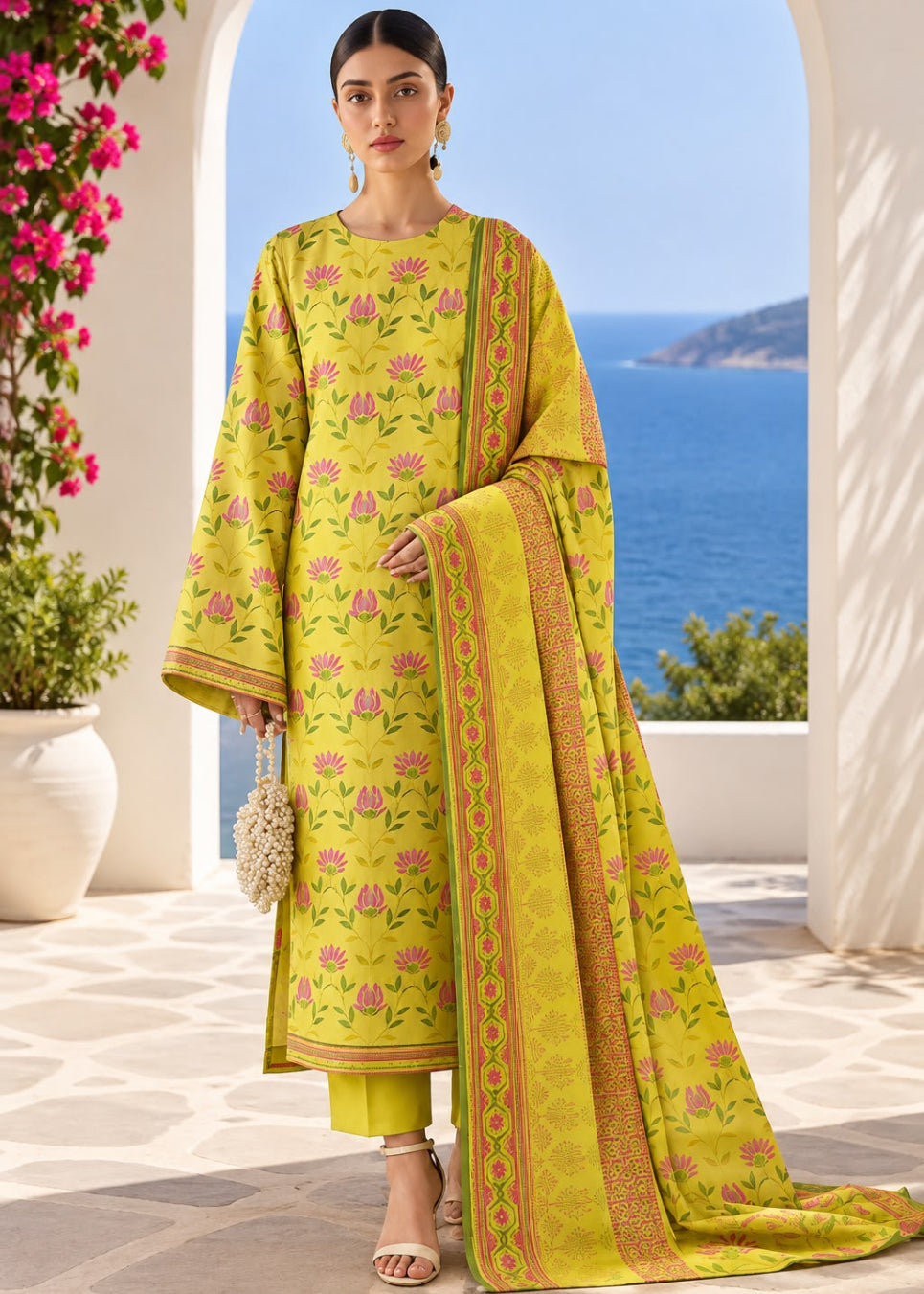 A woman models a bright yellow-green traditional South Asian salwar kameez suit with pink floral embroidery and a matching dupatta, set against a scenic outdoor background with a blue sea and white archway.