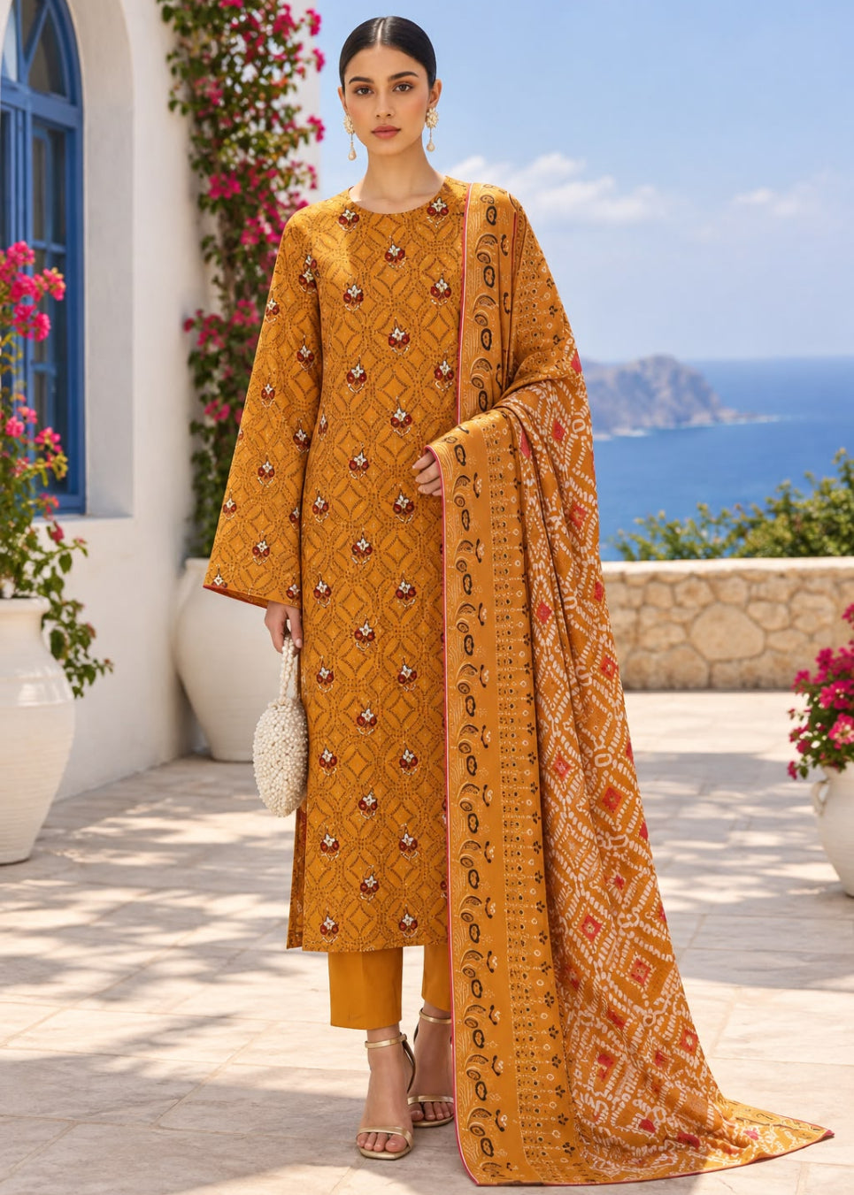 A woman models a mustard yellow ethnic suit set featuring a long kurta with intricate embroidery, matching trousers, and a coordinating printed dupatta, set against a Mediterranean-style outdoor background with the sea in the distance.
