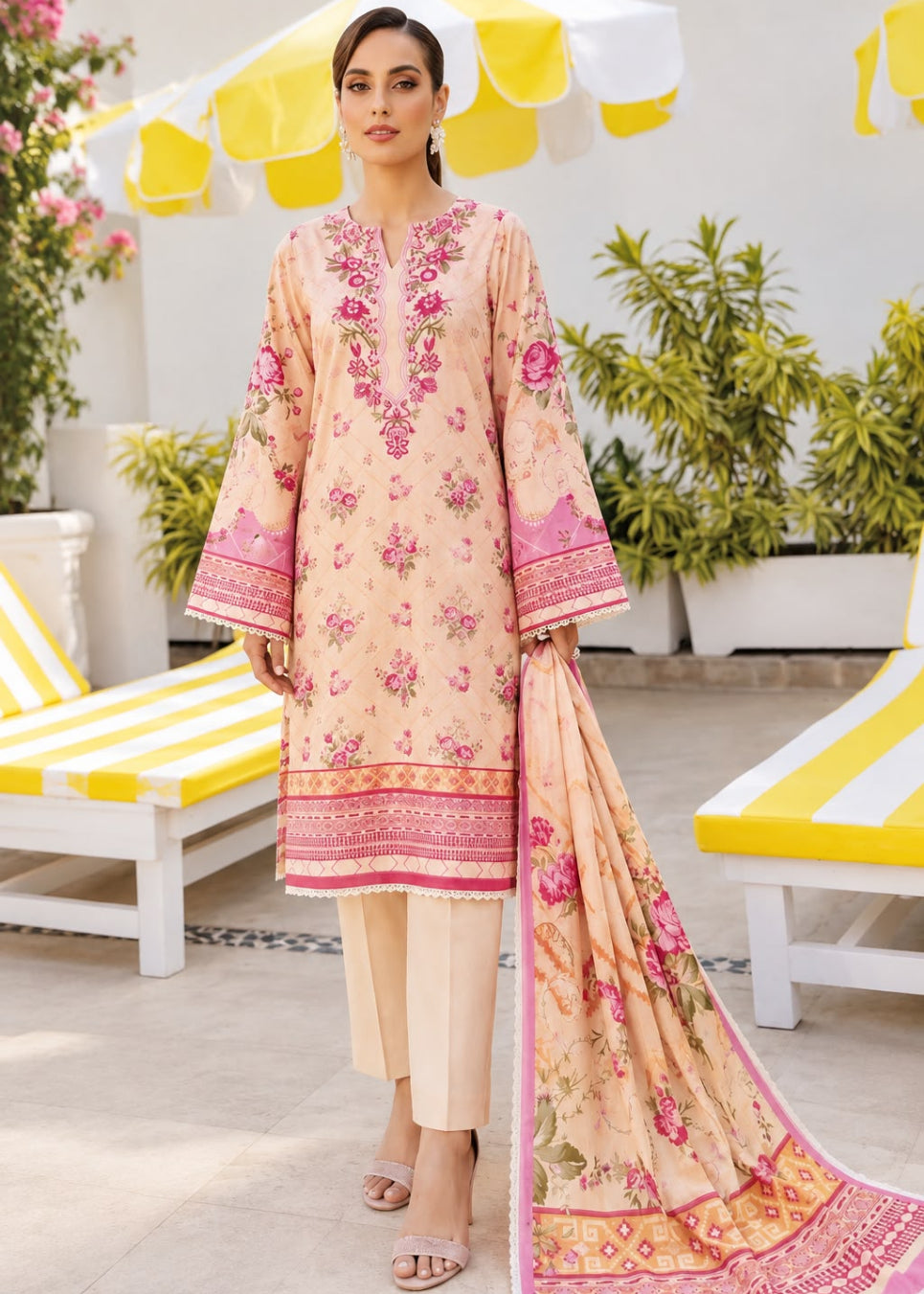 A woman models a traditional three-piece salwar kameez suit in a light peach-pink color with pink floral embroidery and printed patterns, paired with beige trousers and a matching dupatta, set against a sunny patio background with lounge chairs and plants.