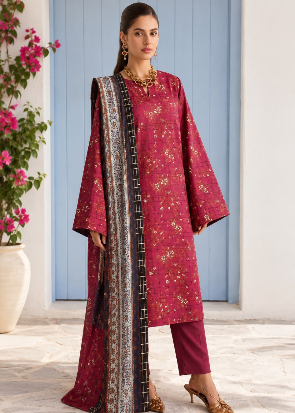 A woman models a traditional Indian salwar kameez suit in a dusty rose pink color with gold floral embroidery, paired with matching trousers and a patterned dupatta, set against a blue paneled door background.
