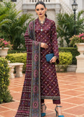 A woman stands outdoors in a garden courtyard wearing a traditional three-piece salwar kameez suit. The outfit is deep maroon/burgundy with intricate gold and silver geometric patterns and a matching patterned dupatta.