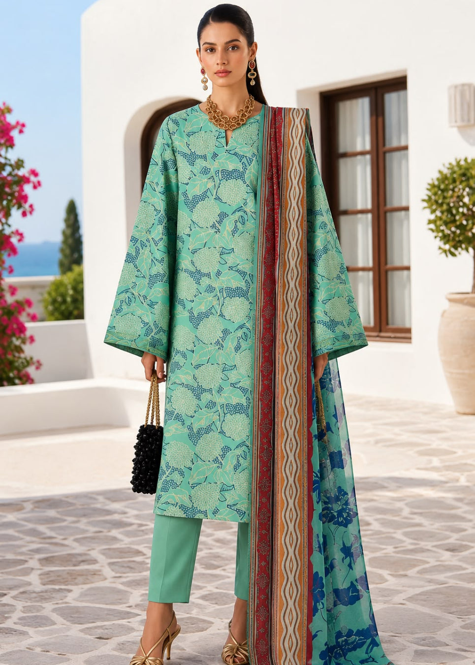 A woman models a traditional three-piece salwar kameez suit set in an outdoor courtyard setting. The set features a mint green and teal floral printed kurta, matching trousers, and a coordinating dupatta with a multicolor patterned border.