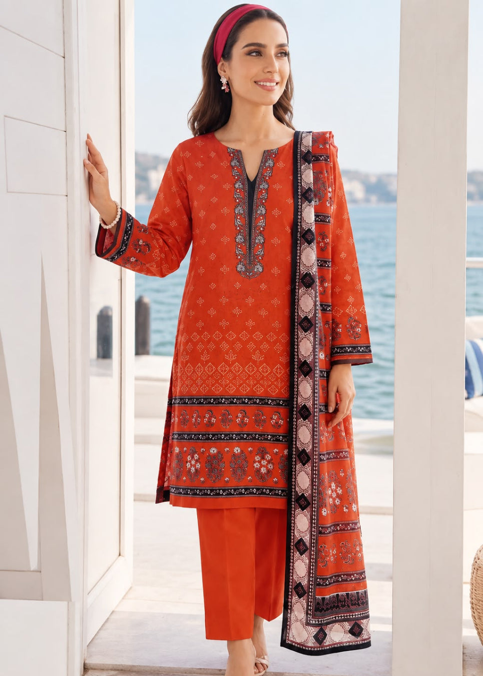 A woman models a three-piece orange kurta suit with matching pants and a patterned dupatta, standing in a bright, modern outdoor setting with white pillars and a view of the sea in the background.