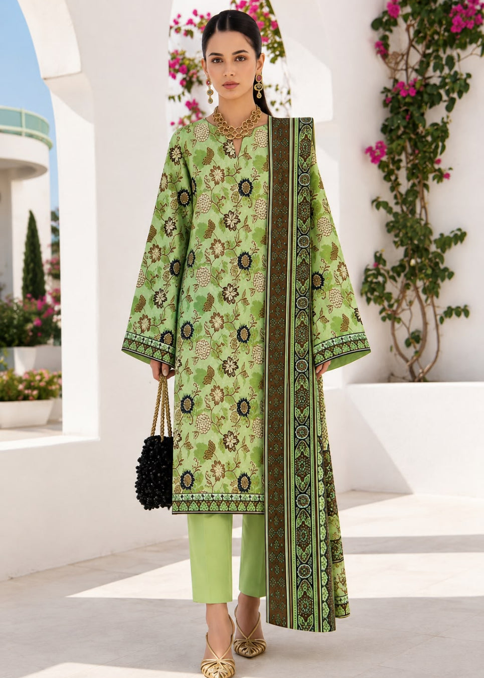 A woman models a light green three-piece traditional outfit with intricate black and gold floral patterns, paired with matching green pants and a patterned dupatta, set against a white architectural background with climbing pink flowers.