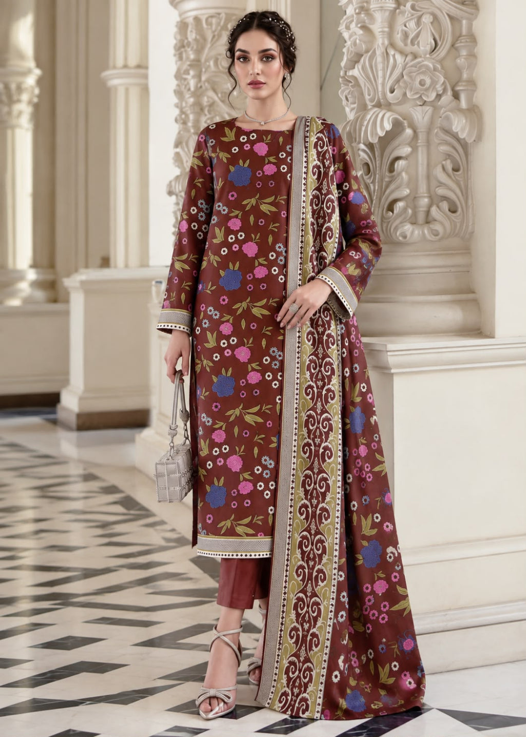 A woman models a traditional Indian salwar kameez suit in a grand indoor setting with classical columns. The outfit consists of a brown long kurta decorated with colorful floral prints and a wide embroidered border, paired with matching brown trousers and a silver clutch.