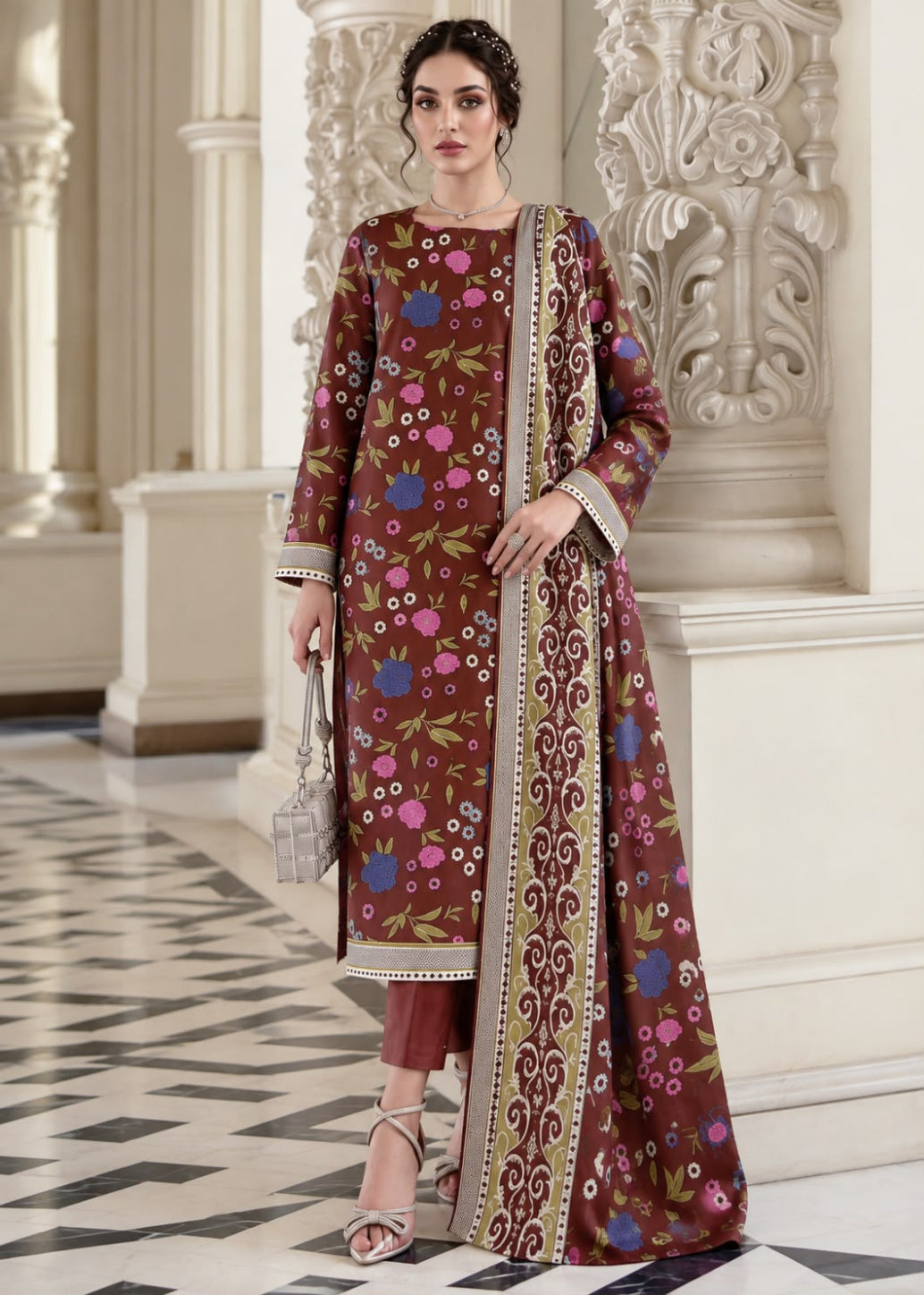 A woman models a traditional Indian salwar kameez suit in a grand indoor setting with classical columns. The outfit consists of a brown long kurta decorated with colorful floral prints and a wide embroidered border, paired with matching brown trousers and a silver clutch.