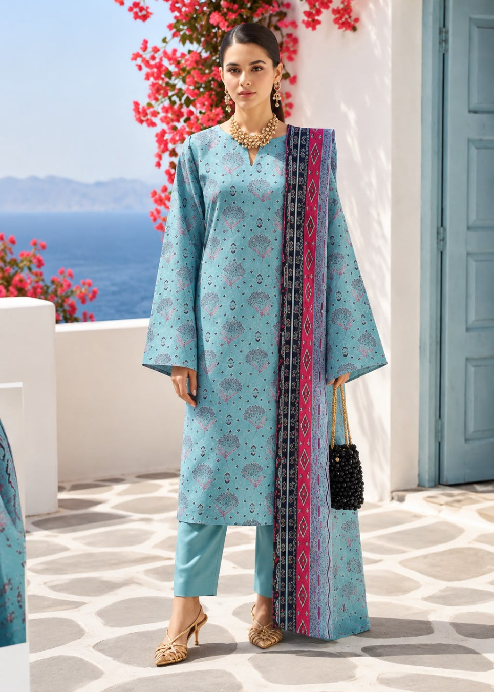 A woman models a light blue printed salwar kameez suit with matching trousers and a patterned dupatta, standing on a stone patio with a blue sea and white walls in the background.