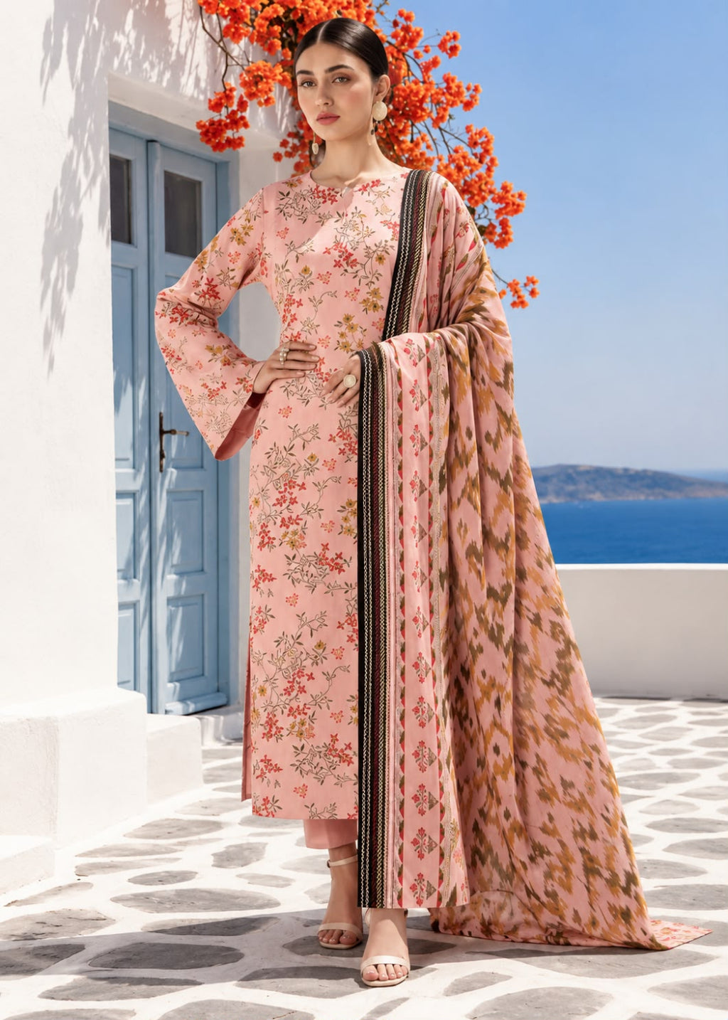 A woman models a traditional Indian salwar kameez suit set in a bright outdoor setting with a white wall, blue door, and sea in the background. The set features a light pink kameez with a red and green floral print, matching pink trousers, and a coordinating dupatta with a brown and beige ikat pattern and black stripes.