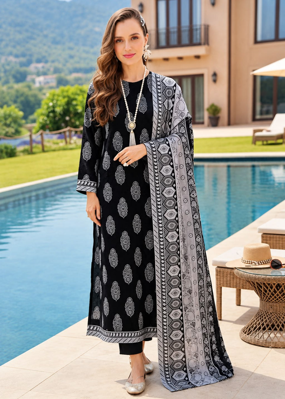 A woman stands by a swimming pool wearing a black and gray printed ethnic kurta set with a matching dupatta. The outfit features gray and white geometric and floral patterns on a black base.