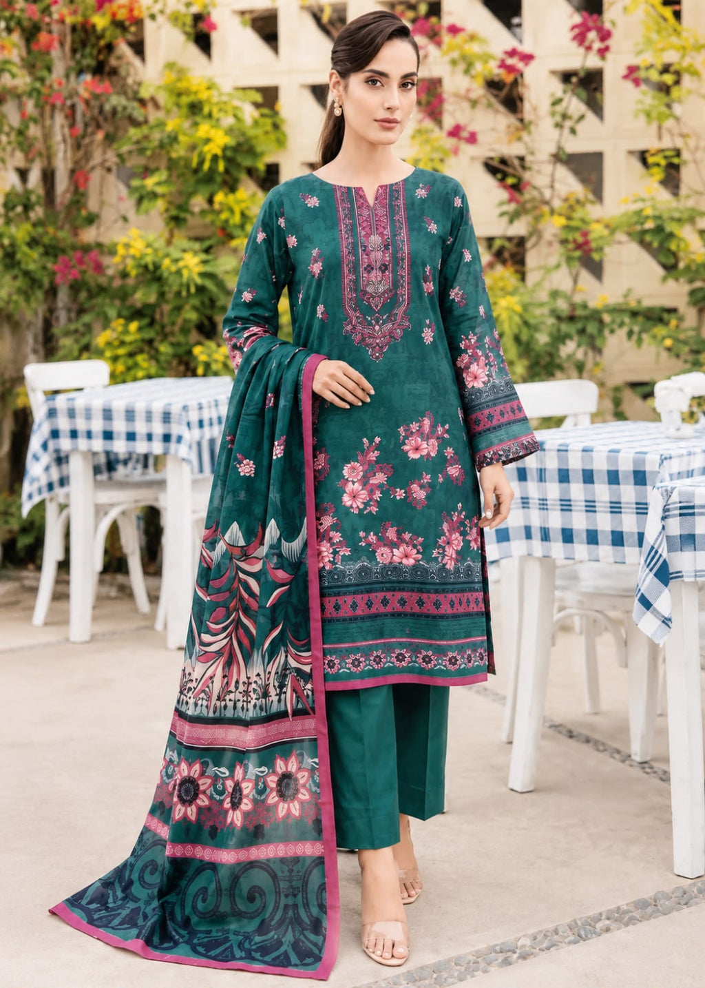 A woman models a traditional three-piece salwar kameez suit set in a garden patio setting. The set features a deep teal green kurta with pink and white floral embroidery, matching teal green trousers, and a coordinating dupatta with a detailed floral border and pink edges.