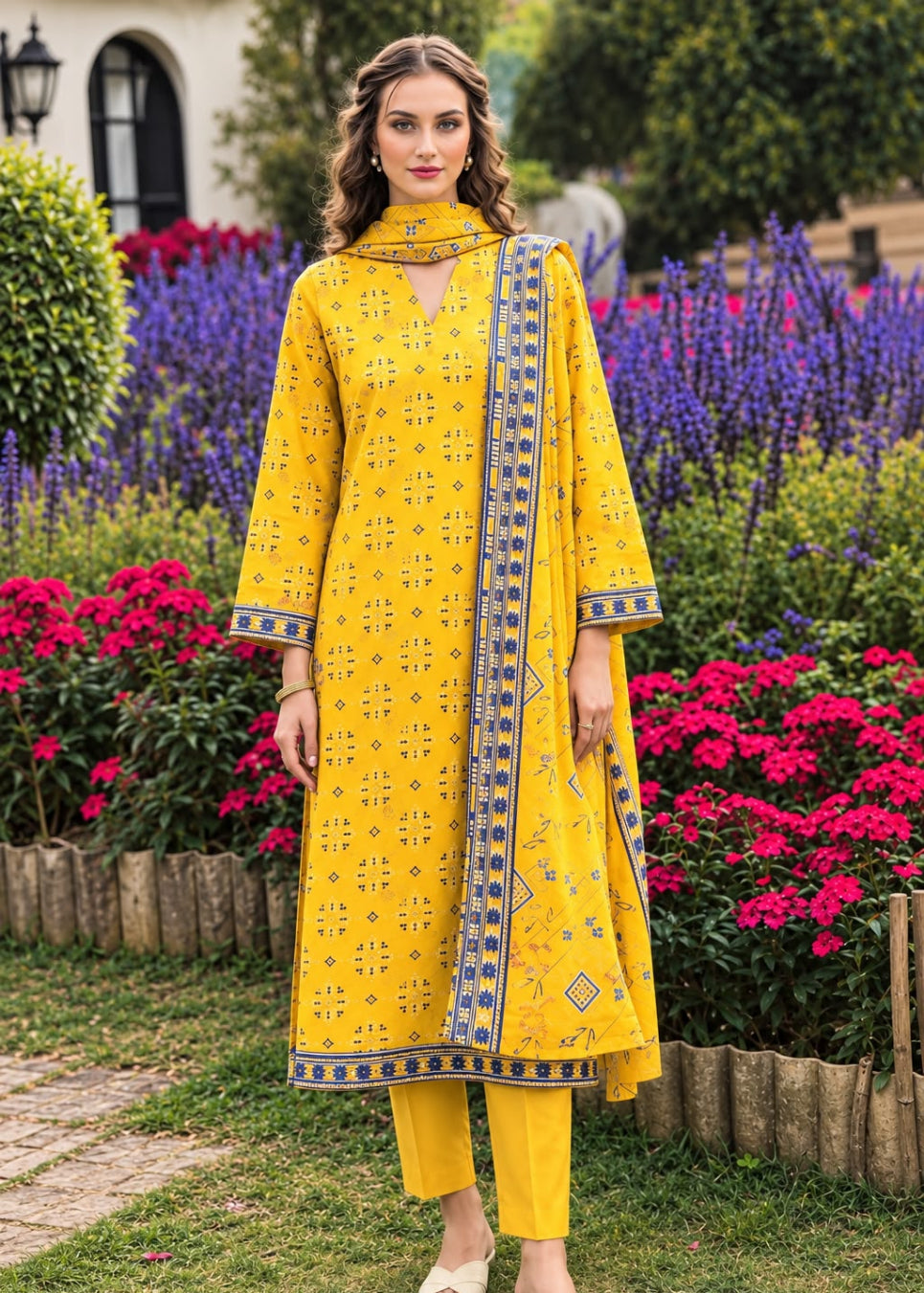A woman stands in a garden wearing a bright yellow traditional outfit with blue and green printed border details, matching yellow pants, and a yellow dupatta. The background features colorful flowers and green foliage.
