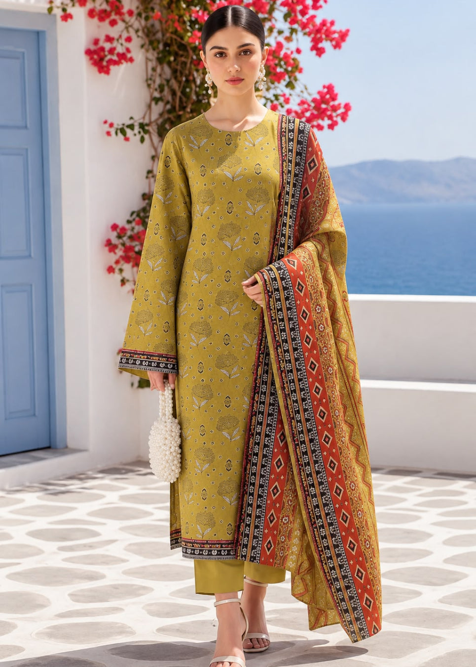 A woman models a three-piece olive green salwar kameez suit with beige floral embroidery, paired with a matching dupatta featuring red, black, and gold geometric borders. She is standing on a tiled patio with a blue door, red flowers, and the sea in the background.